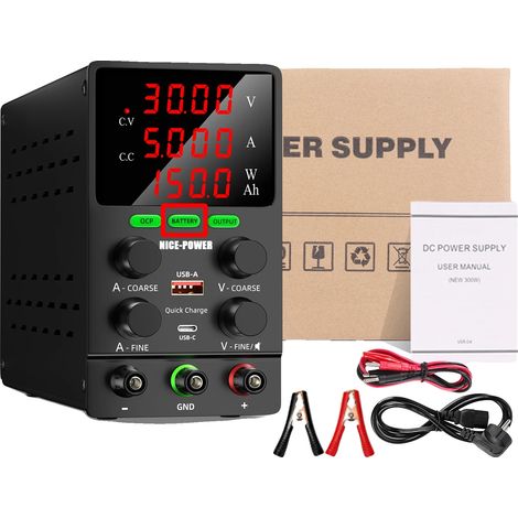 Fuente de alimentación para carga de baterías, voltaje ajustable, funciones de seguridad, carga de 30 V 5 A, enchufe EU-c de 220 V. (1/2)