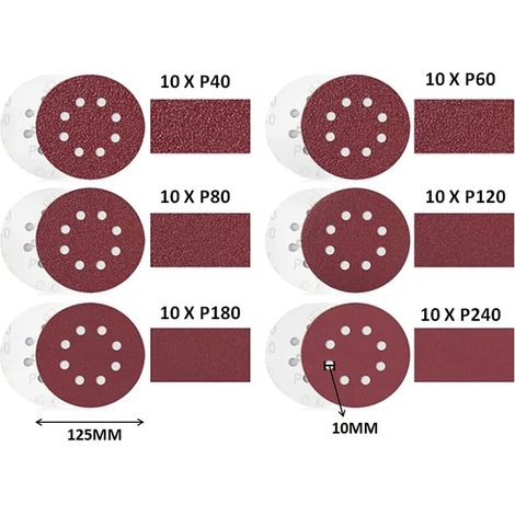 Disque de Ponçage - Velcro 8 Trous - Ø 125 mm - Grains P40 P60 P80 P120 P180 P240 - Pour Ponceuse Excentrique - 60 Pièces (1/5)