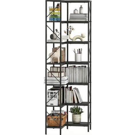 Libreria ad Angolo a 7 Ripiani, Scaffale Industriale, Effetto Legno Nero