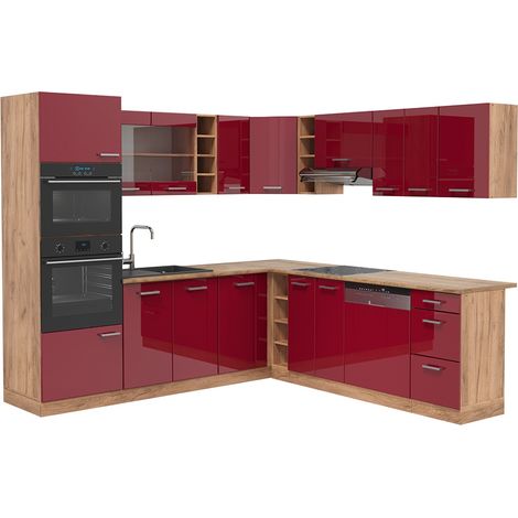 Cocina esquinera R-Line, Rojo de alto brillo/Roble dorado, 247 x 237 cm, ET Roble, Vicco