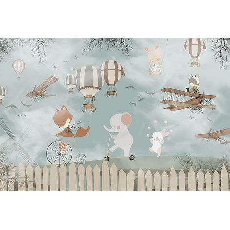 Papier peint panoramique Enfants - Animaux Montgolfières - 130 cm x 87 cm (1/2)