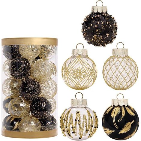 25 boules de Noël rouges décoratives pour sapin, avec ceinture et bordure Noir et or (1/5)