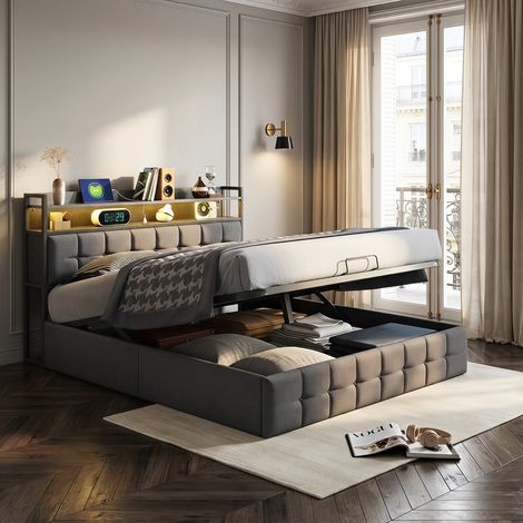 Lit coffre 140x190 avec LED et USB, lit 2 places avec sommier, cadre de lit 140x190 avec rangement, Tissu en lin, gris (1/5)