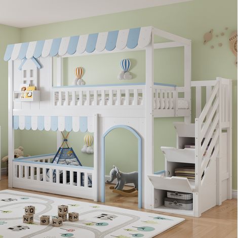 Letto a castello bambini 90x200 cm con scala contenitore e rete a doghe, bianco e blu, materasso non incluso (1/5)
