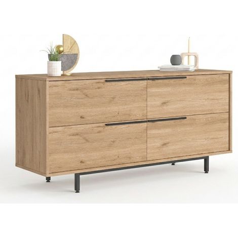 Buffet Bas 4 Portes 4 Niches Chêne Pieds Métal L 160 H 74.3 P 44.5 cm (1/5)