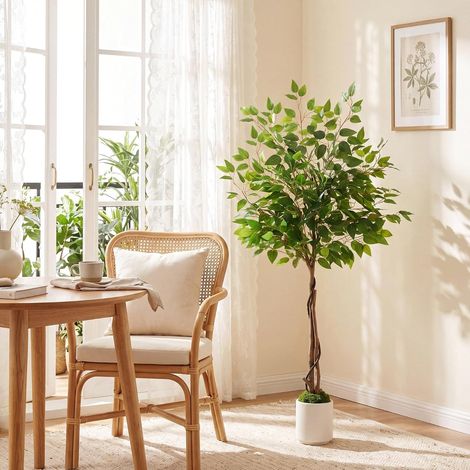 Ficus Artificiel 120 cm Aspect Réaliste,Ficus Benjamini Artificiel,Pot Blanc,Tige Courbée+Feuillage Vert Luxuriant, Plante Verte Facile d'Entretien pour Salon/Bureau/Entrée, Mousse,2PCS Moduls (1/5)