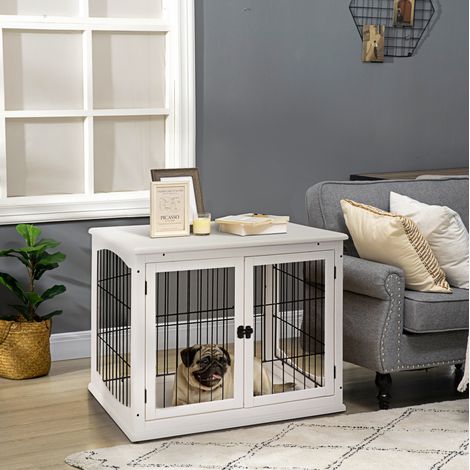 Jaula para perros (81x58.5x66 cm), transportín para interior, 2 puertas con cierre, MDF blanco (1/5)