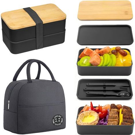 Bento Lunch Box 2 Couches Boite Repas Compartiment 1150 ml Lunchbox Hermétique avec Couverts Kit et Sac Isotherme Repas Boite Bento pour Adultes Enfants Pique-Niques Travail L'école (Noir) (1/5)