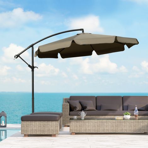 Sombrilla de jardín de 2,7 x 2,7 m con toldo ajustable, base en cruz, rejillas de ventilación, manivela, parasol inclinable descentrado de metal y poliéster, para patio, terraza o cafetería.