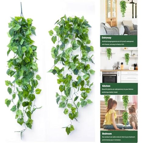 Plante artificielle retombante, fleurs artificielles vertes, plante verte artificielle de 110 cm, plante artificielle d'extérieur, lierre artificiel pour décoration murale intérieure et extérieure (1/3)