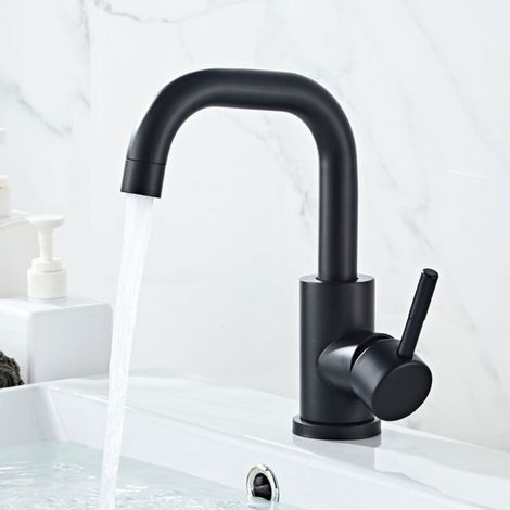 Schwarze Waschtischarmatur mit abnehmbarem Luftsprudler, 360° schwenkbar, Messing-Badarmatur, 201 mm hoch, Warm- und Kaltwasser für Waschbecken und Spülbecken (1/3)