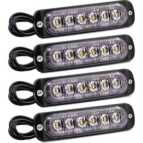 Lot de 4 feux latéraux stroboscopiques à 6 LED - Barre lumineuse de danger jaune - Signal de dysfonctionnement - Feux clignotants d'urgence étanches 12 V 24 V universels pour voiture camion (1/4)