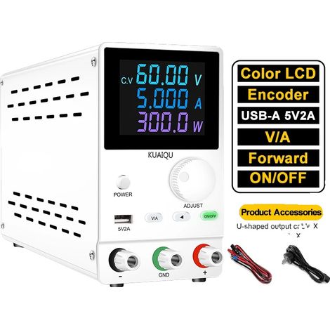 Fuente de alimentación de CC, voltaje ajustable, alta precisión, 60V 5A 300W Blanca (1/2)