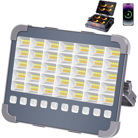 Projecteur LED Rechargeable 100W 10000LM, Projecteur de Chantier avec Double Panneaux Solaires et Lampe Torche 15000mAh, Lampe de Travail pour Camping, Chantier, Garage, Pêche, Jardin [Classe énergéti (1/5)