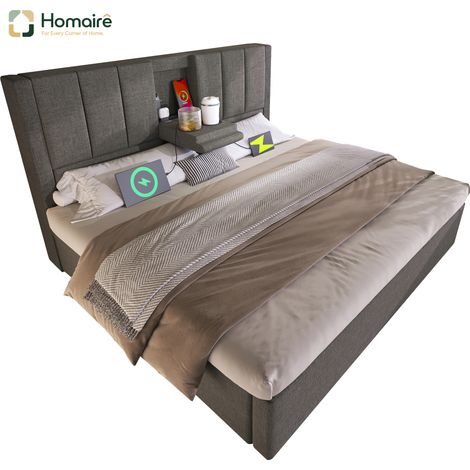 Cadre de lit gris en tissu avec rangement et port USB 217 x 143 x 115 cm HOMAIRE (1/5)