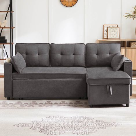 Canapé d'angle de salon 211 x 130 x 86 cm Canapé-lit convertible avec rangement et porte-gobelet réversible gauche Gris (1/5)