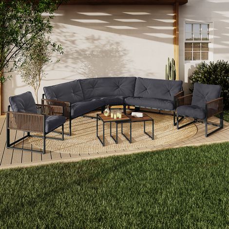 Conjunto de muebles bajos de jardín RIO de 8 plazas con estructura de metal y cordaje efecto ratán y cojines grises