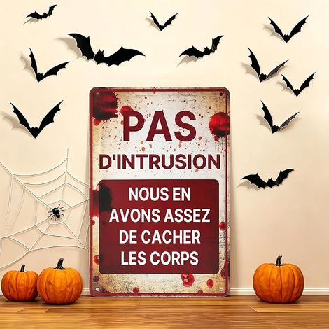 Decoration Halloween Exterieur Plaque Métal,Deco Halloween avec pack de 12 Chauve Souris pour interieur,mur de garage,halloween Deco Effrayante,PAS D'INTRUSION NOUS EN AVONS ASSEZ DE CACHER LES CORPS (1/5)