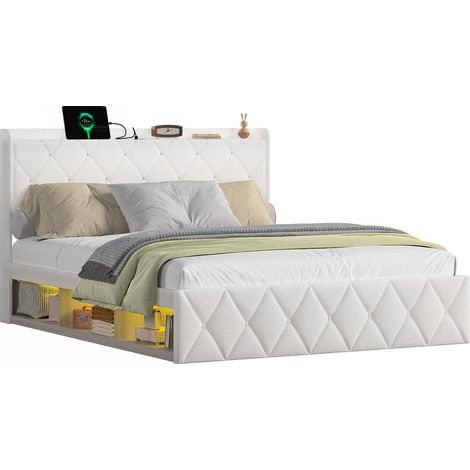 Letto Matrimoniale 140 x 200 cm in Tessuto Teddy Bianco con USB, LED Regolabile e Mensola, senza Materasso (1/5)