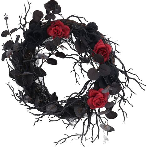 Couronne d'Halloween avec branches artificielles noires en ABS et fleurs rouges, guirlande décorative pour porte. (1/5)