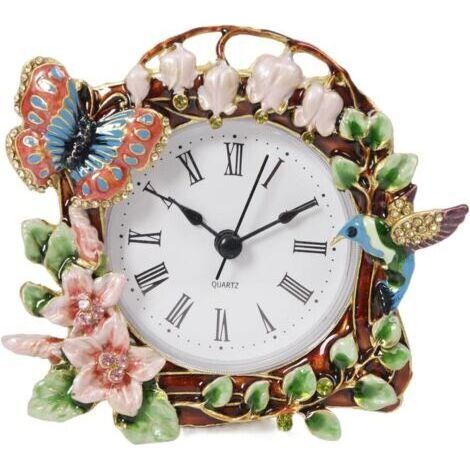 Horloge murale décorative à motifs floraux (papillons et oiseaux), cadre photo floral élégant orné de fleurs en cristal
