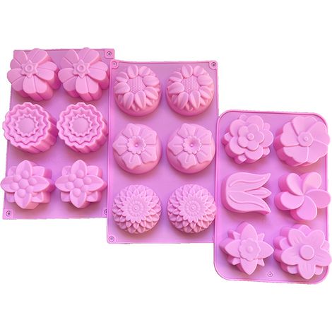 Moules à savon en silicone, différentes cavités, différentes formes, parfaits pour la fabrication de savon, gâteaux faits maison, chocolat, desserts, biscuits, pudding, tea-cake, gelée (lot de 3 - Fle (1/5)