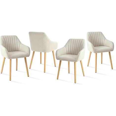 Goeurvant – Lot de 4 chaises de salle à manger minimalistes – Accoudoirs ergonomiques – Rembourrage épais en lin – Pieds en bois – Beige