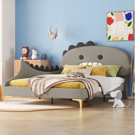 MEUBLIV lit enfant 140x200 cm gris – cadre dinosaure avec barrière, sans matelas (1/5)
