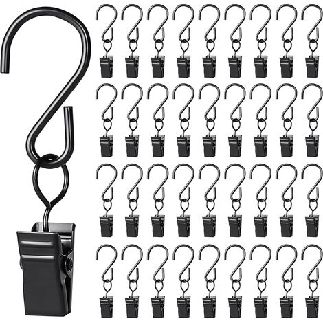 Confezione da 100 clip per tende con ganci a S, gancio per tende con clip, gancio appendiabiti in metallo, anello decorativo per tende con clip per foto, tovaglioli, nero