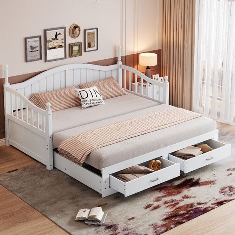Ausziehbares Schlafsofa Massivholz 90/180x190 cm mit Schubladen und Lattenrost, Multifunktionsbett aus Kiefernholz für Gästezimmer, Weiß (1/5)