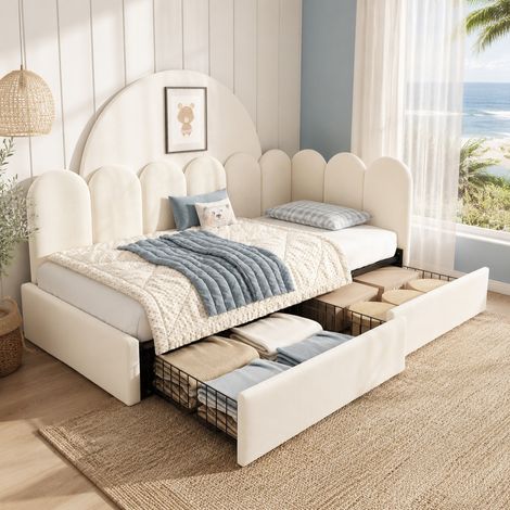 Cama individual con cajones (209x94x76 cm), tapizada, con espacio de almacenamiento, estructura en L, terciopelo beige (1/5)