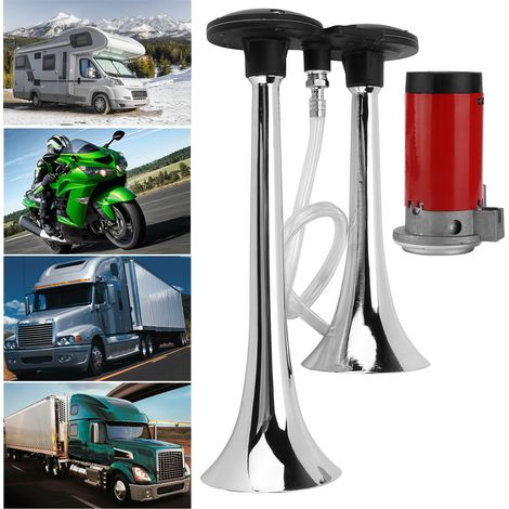 Klaxon pneumatique 12V avec deux haut-parleurs chromés, volume super fort de 150dB, avec kit compresseur (AS178) (1/5)