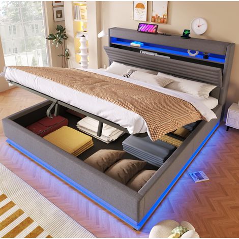 letto contenitore 180x200 LED USB lino grigio OKMYHOME (1/5)