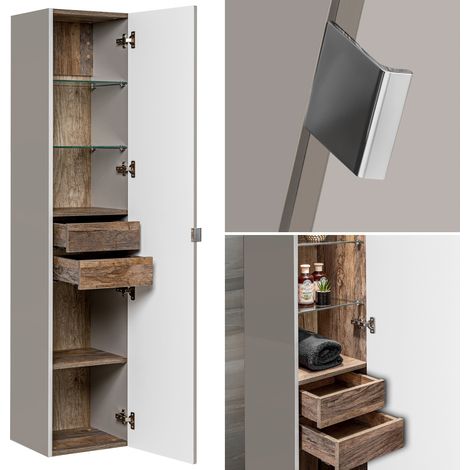 Badmöbel Hochschrank PUEBLA-56-TAUPE in taupe mit Vintage Oak Eiche, 1 Tür, B/H/T: 35/160/33 cm (1/5)