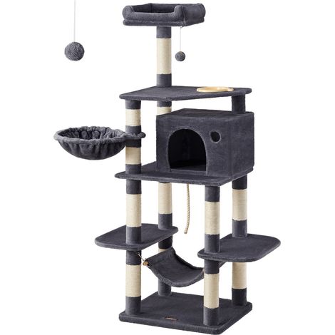 FEANDREA Arbre à chat Hauteur de 160cm Multi-niveaux Avec bol, panier, niche Maison de jeu Meubles pour chatons, chats et félins, Grise cendrée