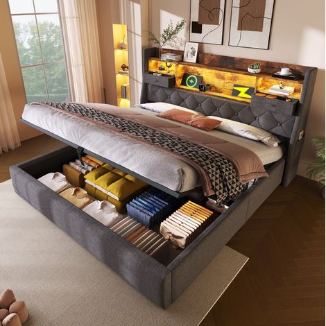 Letto contenitore 180x200 cm in tessuto lino grigio con LED e USB/Type-C, senza materasso (1/5)