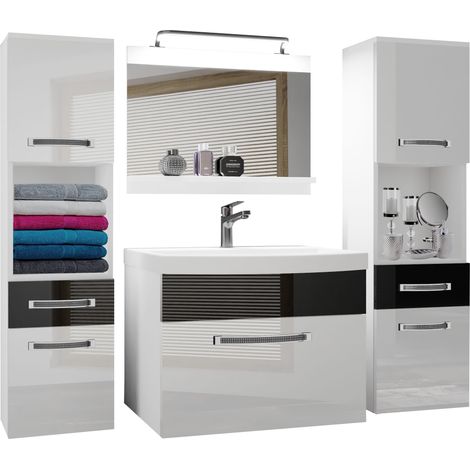 BELINI Meuble de Salle de Bain Lavabo Inclus, Meuble sous-Vasque, Miroir et 2X Cabinet Largeur: 140 cm Kit d'éclairage Inclus Couleur : Blanc très Brillant/Noir très Brillant (1/5)