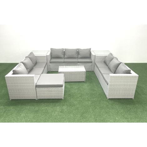 Fimous Ensemble de meubles de jardin en rotin 10 places avec Canapé de jardin Table basse Grand tabouret 2 Tables d'appoint Gris clair mixte (1/5)
