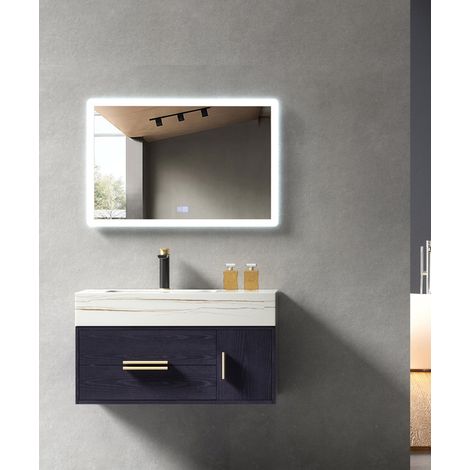 Meuble de salle de bain Bleu & vasque blanche avec motif doré - 80 cm (1/2)