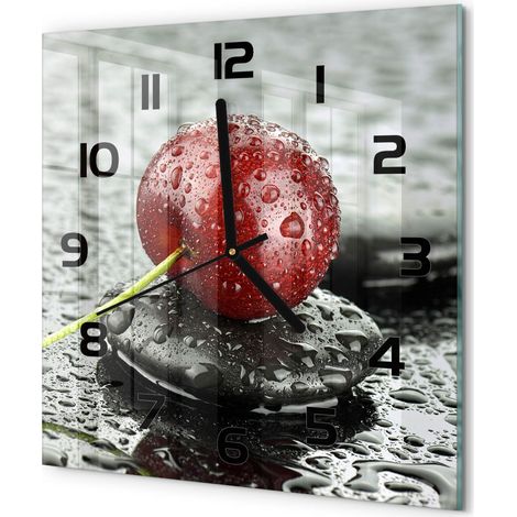 Horloge Murale Carrée Décoration Murale Verre Trempé Design Artistique Cerise sous la pluie 30x30 cm (1/5)