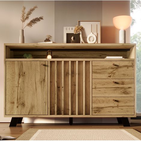 Buffet en bois coloris chêne foncé, 2 portes à lattes, 3 tiroirs et niche ouverte, tablette réglable, 120x40x85 cm (1/5)