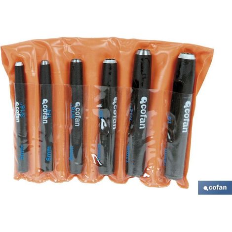 COFAN conjunto sacabocados 6 pcs (5 - 12 mm) , Juego de sacabocados metálicos de golpe en forma cilíndrica. Se recomienda su uso en materiales ligeros. Fabricado en materiales de a