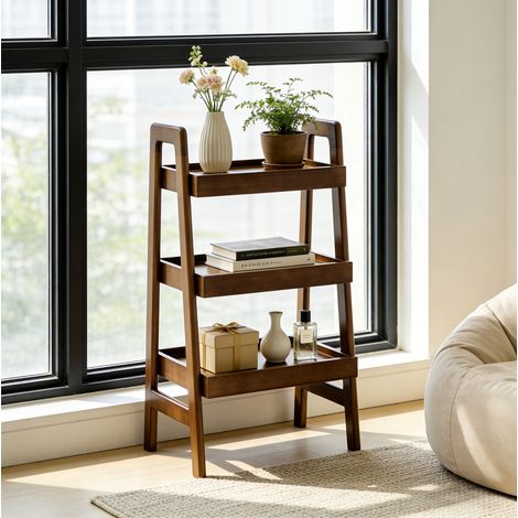 Étagère échelle 3 niveaux en bois avec rangement ouvert, meuble compact pour salon, chambre ou bureau - noyer (1/5)