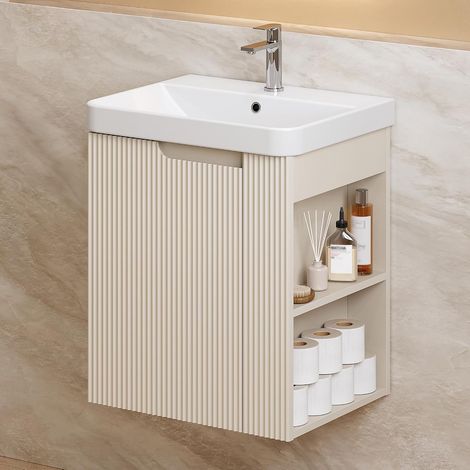 HOROW Meuble vasque 50 cm Blanc chaud avec vasque en céramique – Meuble de salle de bains suspendu avec rangement (1/5)