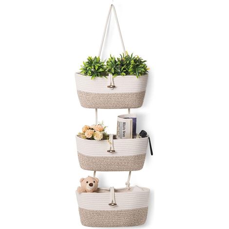 Paniers de rangement muraux à 3 niveaux en coton - Paniers décoratifs à suspendre pour porte - Organisateur d'intérieur à suspendre pour cuisine, chambre à coucher, salon (blanc beige) (1/5)