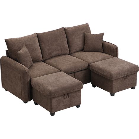 ELVMI Ecksofa mit Schlaffunktion und Stauraum, 2 Sitzhocker mit Stauraum, aus Chenille und Schaumstoff, Antikbraun (1/5)