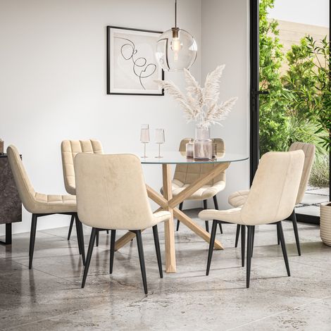 Malvern Round Dining Table And Chairs - Clear Glass Table Top w Solid Oak Legs + Nova Velvet Dining Chair Set Of 6 (Beige) (1/5)