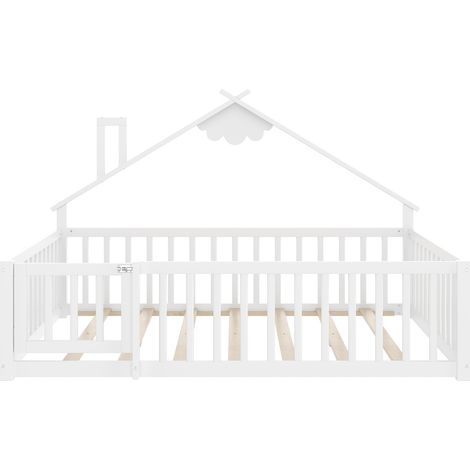Lit cabane enfant 140 x 190 cm en pin blanc avec barrière et verrou (1/5)