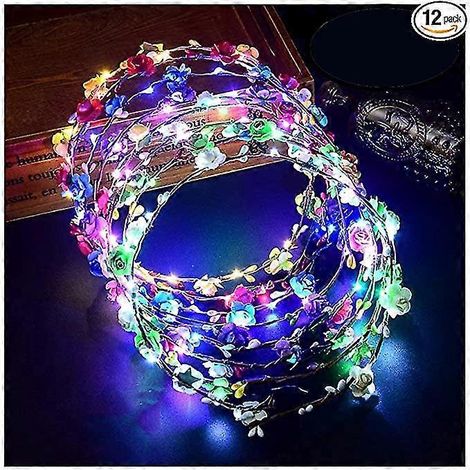 Corona de flores LED, 12 piezas de diadema de flores LED luminosas, 10 cintas para el cabello con flores LED, tocado para mujer para fiestas navideñas, Halloween, fiestas luminosas, bodas. (1/5)