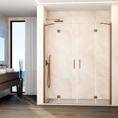 Mampara de ducha frontal GLASS fijo + 2 puertas abatibles + fijo 175 cm perfil Cobre barra paralela (40+50+50+40) (1/5)